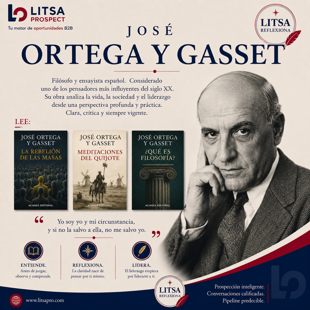 José Ortega y Gasset junto a tres de sus libros y la identidad de LITSAReflexiona